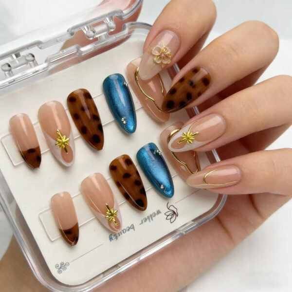 Vintage Tortoiseshell Press On Nails  Nude French Tip with Gold Outline & Blue Cat Eye
