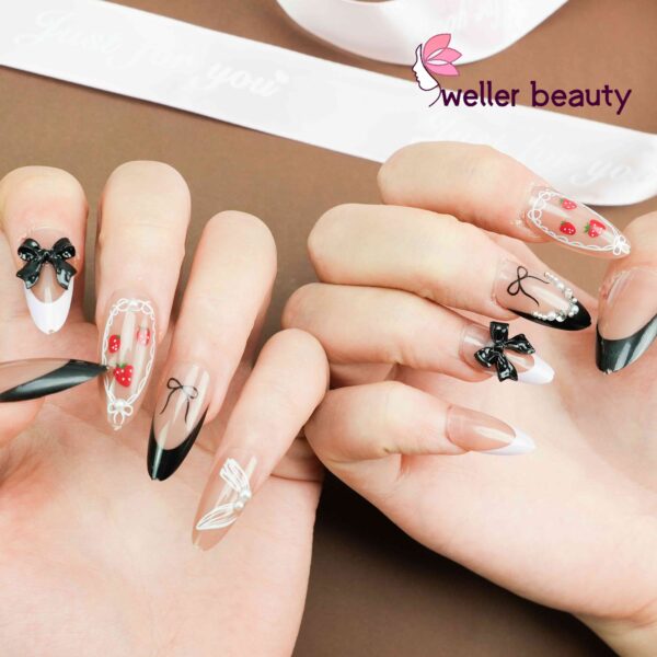 Sweet & Edgy Fake Nails  Nude Base with Strawberry, Bow & Pearl Decor