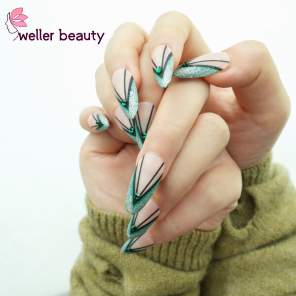 Green Glitter Geometric Press On Nails  Almond Shape Fake Nails with Black Stripes & Green Gems  Get Salon Nails At Home!