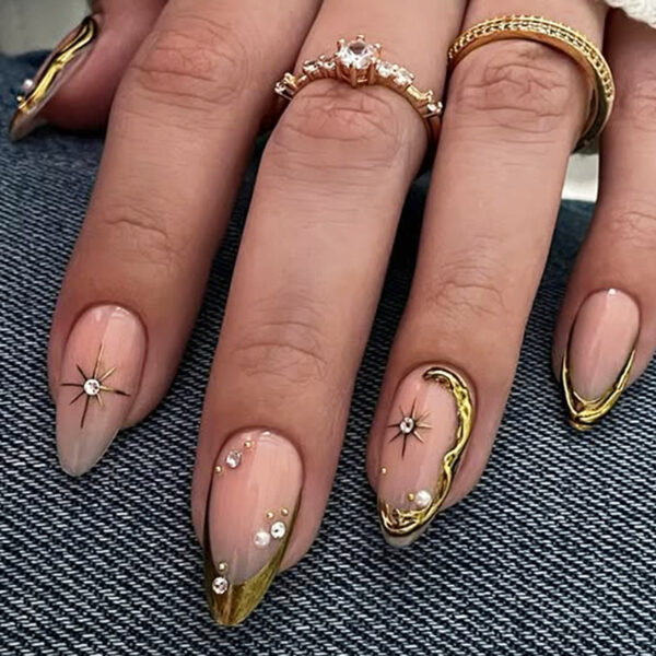 European and American hot-selling sparkling fragmented diamond flower color-blocking nail, three-dimensional star pearl almond-shaped nails