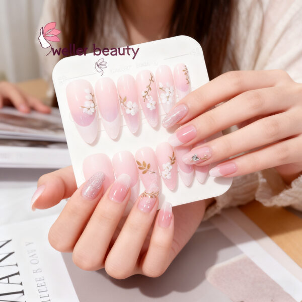 Pink Gradient Flower Press On Nails with Gold Foil & Rhinestones