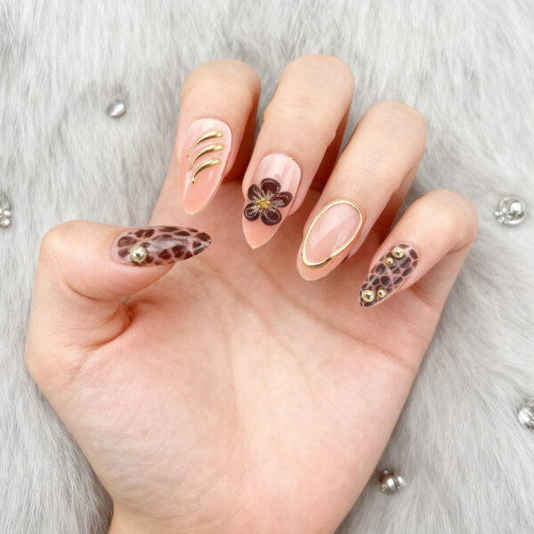 Leopard Print Almond Press On Nails Brown Flower Gold Metal Decor Fake Nails