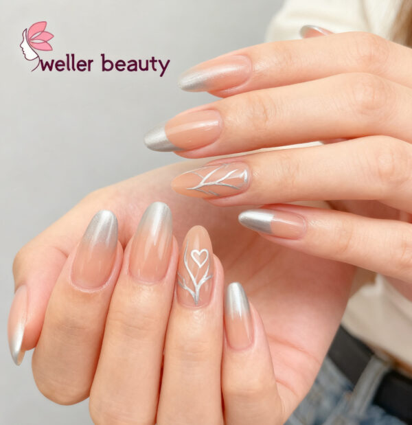 Nude Silver Gradient Press On Nails with Heart & Branch Nail Art