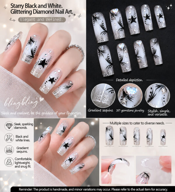 Starry Black White Diamond Handmade Press-On Nails - Long Trapeze