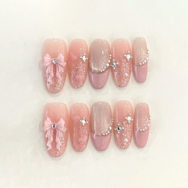 Pink Big Bow & Glitter Handmade Press-On Nails - Medium Oval