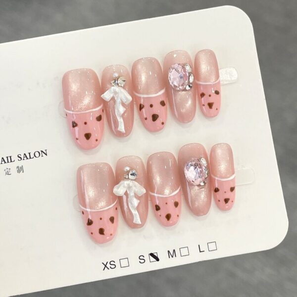 Pink Gradient Hearts & Bow Handmade Press-On Nails - Short Trapezoid