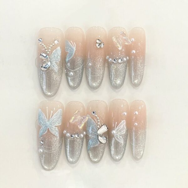 Cat Eye Butterfly Pearl Handmade Press-On Nails - Long Almond