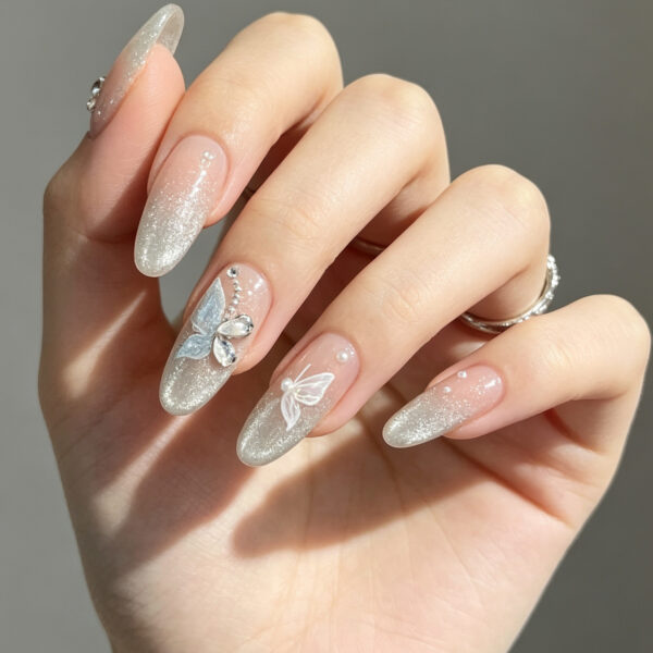 Cat Eye Butterfly Pearl Handmade Press-On Nails - Long Almond