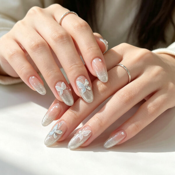 Cat Eye Butterfly Pearl Handmade Press-On Nails - Long Almond
