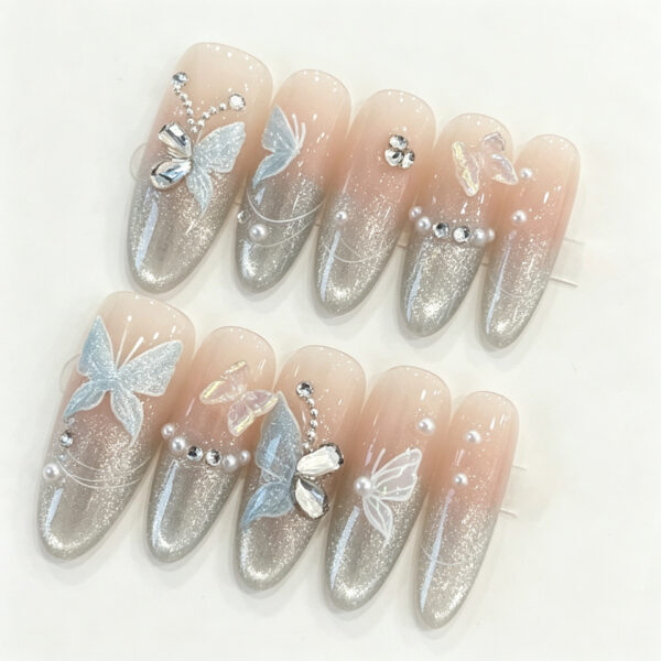 Cat Eye Butterfly Pearl Handmade Press-On Nails - Long Almond