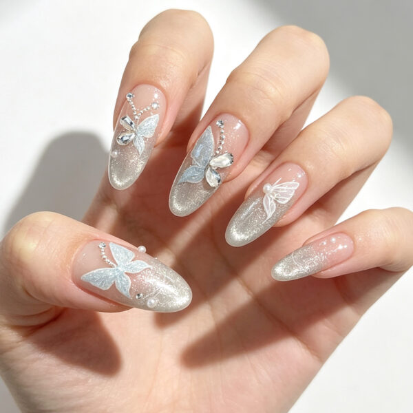 Cat Eye Butterfly Pearl Handmade Press-On Nails - Long Almond