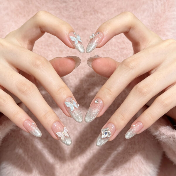 Cat Eye Butterfly Pearl Handmade Press-On Nails - Long Almond