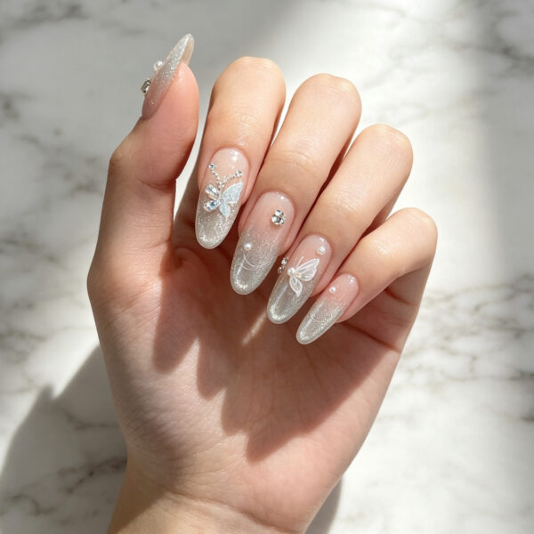 Cat Eye Butterfly Pearl Handmade Press-On Nails - Long Almond
