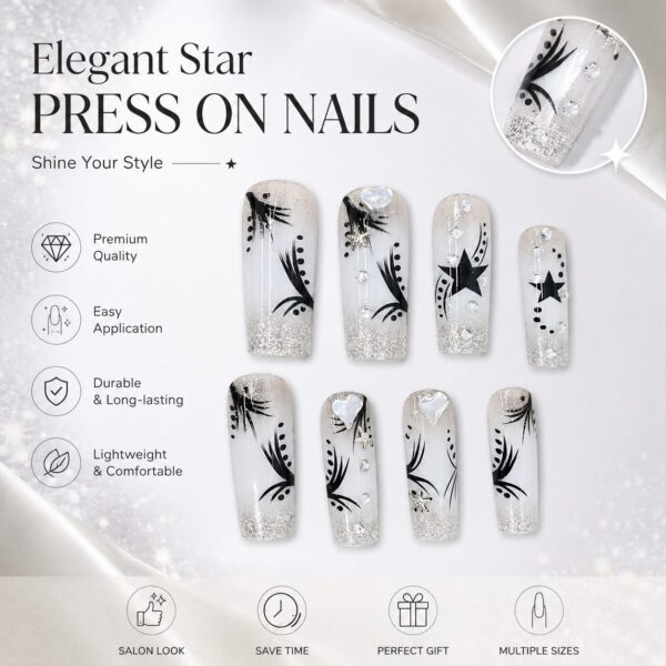 Starry Black White Diamond Handmade Press-On Nails - Long Trapeze