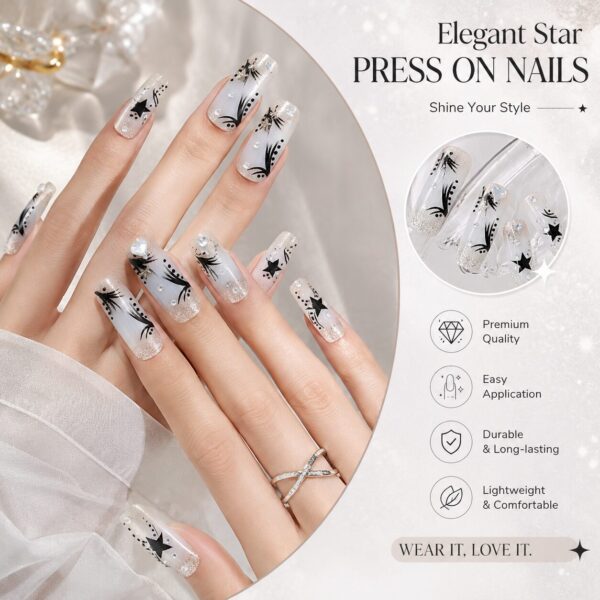 Starry Black White Diamond Handmade Press-On Nails - Long Trapeze