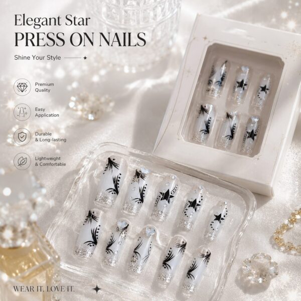Starry Black White Diamond Handmade Press-On Nails - Long Trapeze
