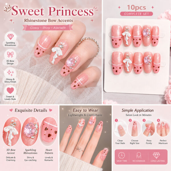 Pink Gradient Hearts & Bow Handmade Press-On Nails - Short Trapezoid