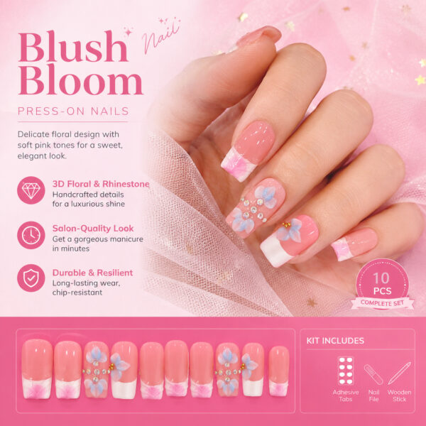 French Tip Blue Flower Handmade Press-On Nails - Short Square