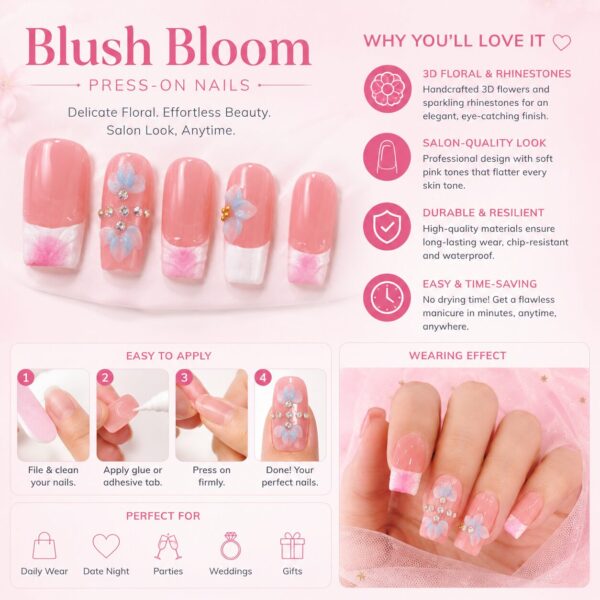 French Tip Blue Flower Handmade Press-On Nails - Short Square