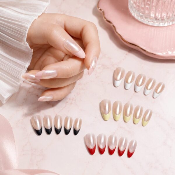 Pearl Red French Tip Press-On Nails Kit - Medium Almond 24pcs