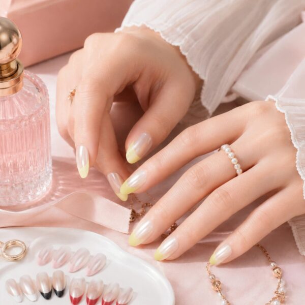 Pearl Red French Tip Press-On Nails Kit - Medium Almond 24pcs