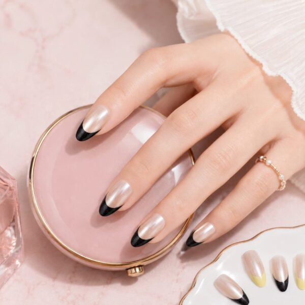 Pearl Red French Tip Press-On Nails Kit - Medium Almond 24pcs