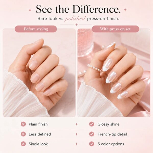 Pearl Red French Tip Press-On Nails Kit - Medium Almond 24pcs