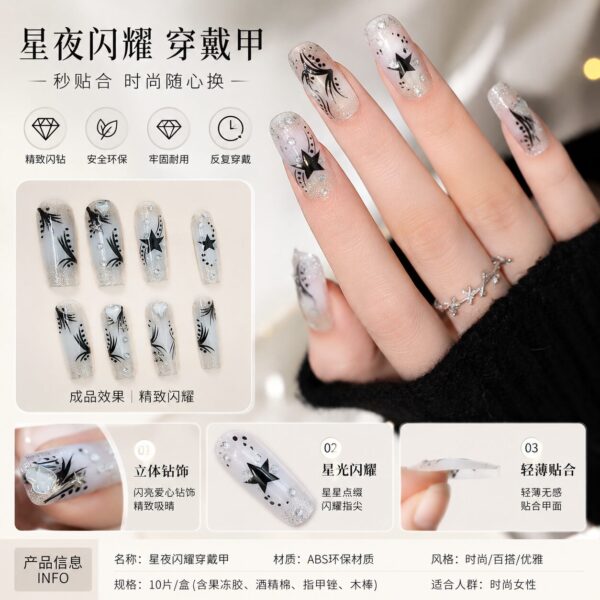 Starry Black White Diamond Handmade Press-On Nails - Long Trapeze