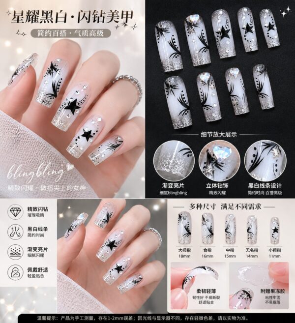 Starry Black White Diamond Handmade Press-On Nails - Long Trapeze