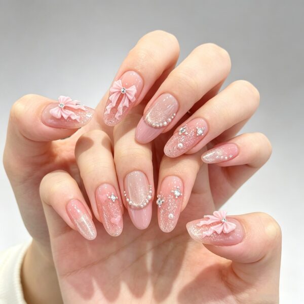 Pink Big Bow & Glitter Handmade Press-On Nails - Medium Oval