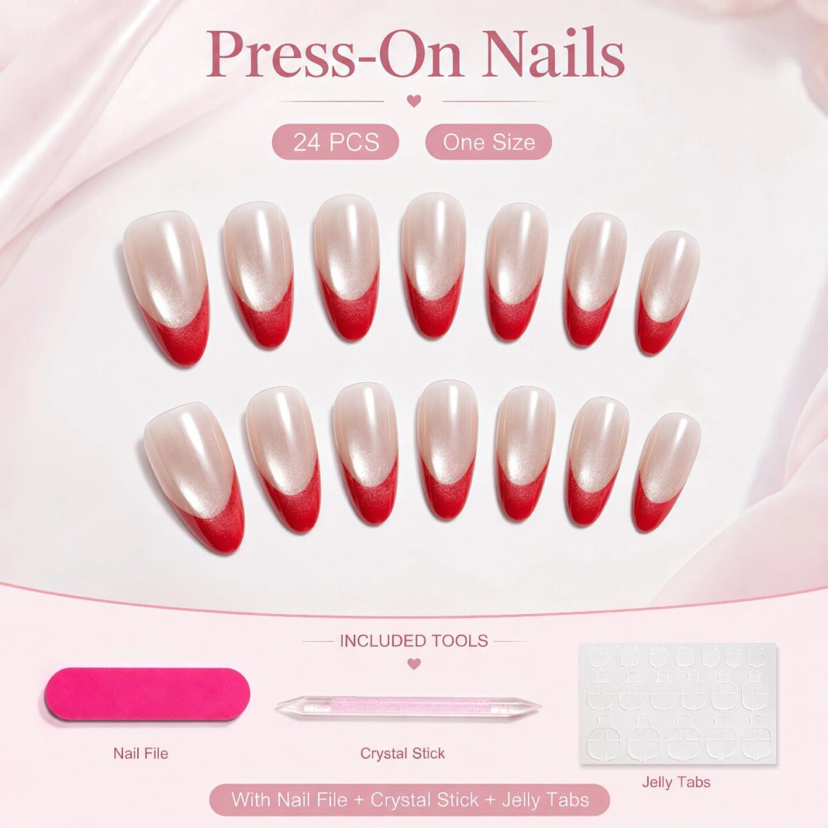 Pearl Red French Tip Press-On Nails Kit - Medium Almond 24pcs