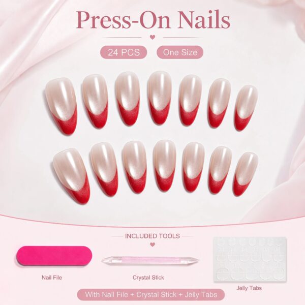 Pearl Red French Tip Press-On Nails Kit - Medium Almond 24pcs