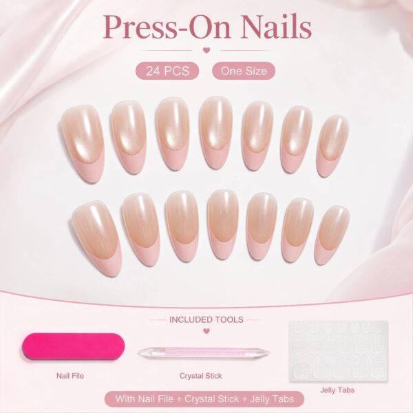 Pearl Red French Tip Press-On Nails Kit - Medium Almond 24pcs
