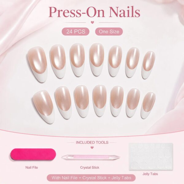 Pearl Red French Tip Press-On Nails Kit - Medium Almond 24pcs