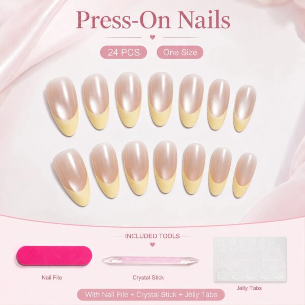 Pearl Red French Tip Press-On Nails Kit - Medium Almond 24pcs