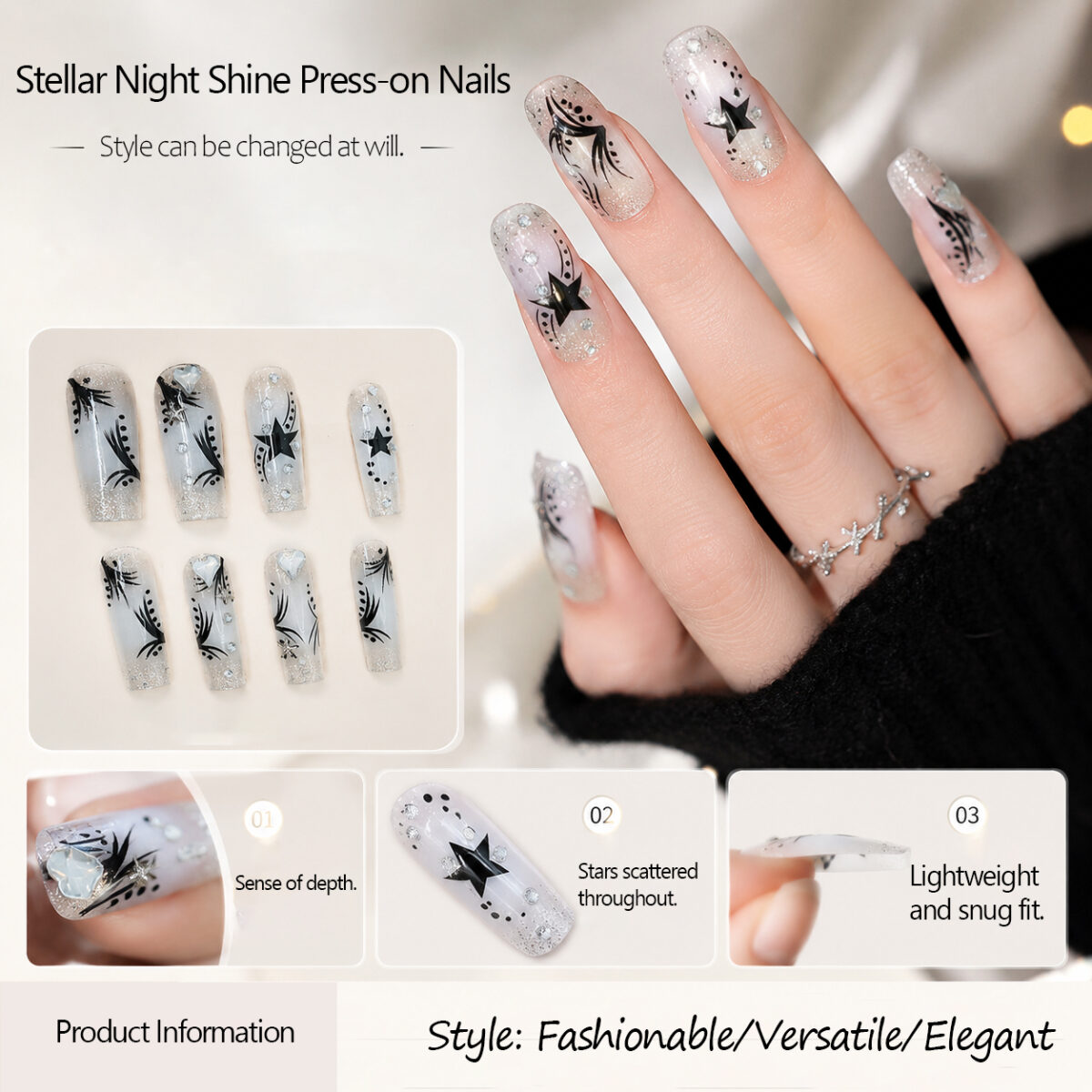 Starry Black White Diamond Handmade Press-On Nails - Long Trapeze