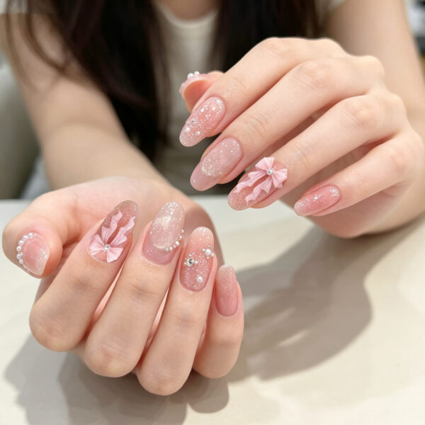 Pink Big Bow & Glitter Handmade Press-On Nails - Medium Oval