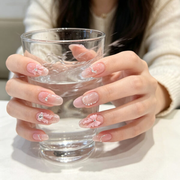 Pink Big Bow & Glitter Handmade Press-On Nails - Medium Oval