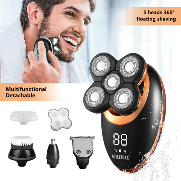 5-in-1 Waterproof Smart Men Electric Shaver, 7 Rotary Floating Heads Bald Head Razor, Multi-functional Grooming Kit