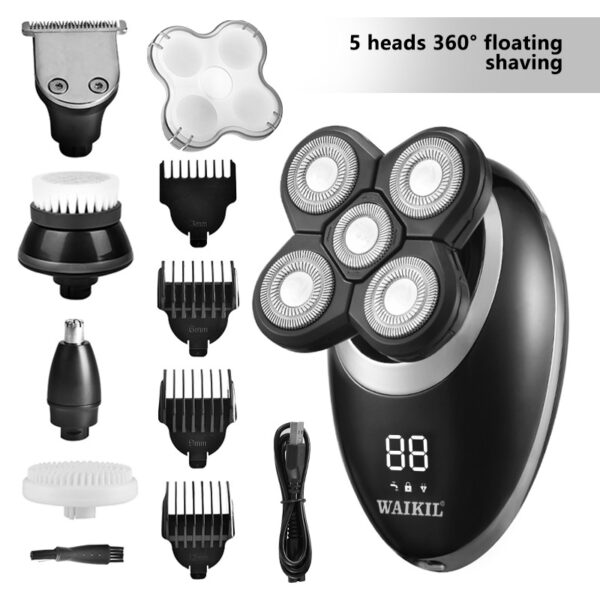 5-in-1 Waterproof Smart Men Electric Shaver, 7 Rotary Floating Heads Bald Head Razor, Multi-functional Grooming Kit