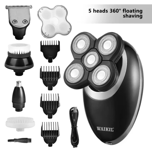 5-in-1 Waterproof Smart Men Electric Shaver, 7 Rotary Floating Heads Bald Head Razor, Multi-functional Grooming Kit