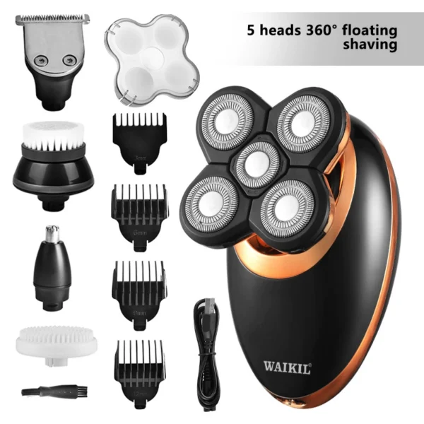 5-in-1 Waterproof Smart Men Electric Shaver, 7 Rotary Floating Heads Bald Head Razor, Multi-functional Grooming Kit