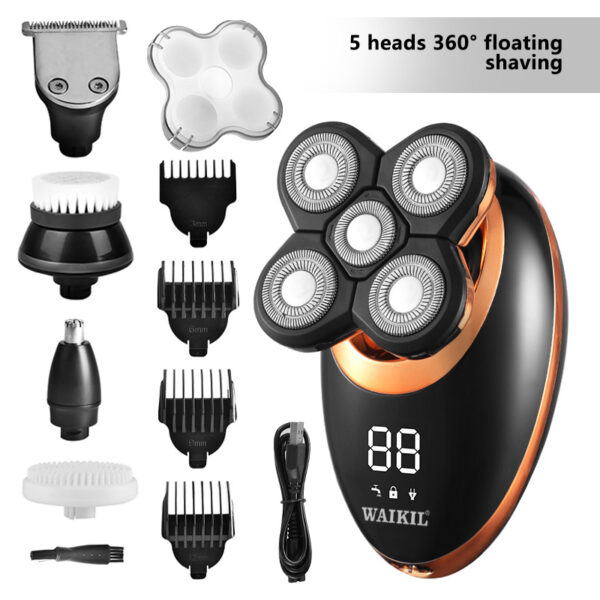 5-in-1 Waterproof Smart Men Electric Shaver, 7 Rotary Floating Heads Bald Head Razor, Multi-functional Grooming Kit