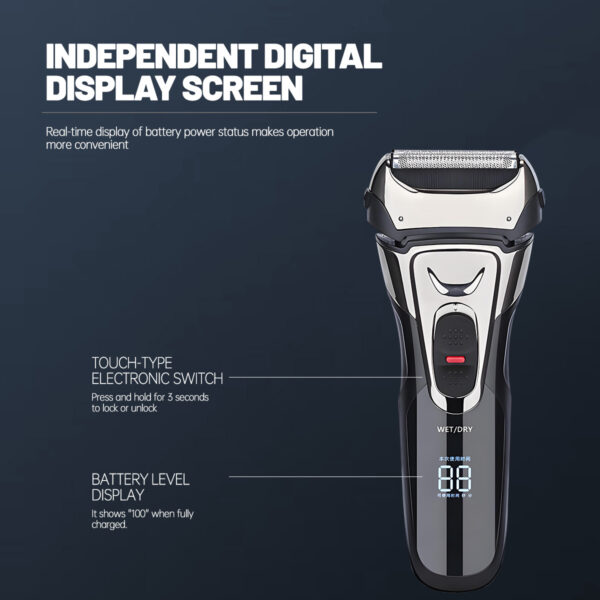 Reciprocating 3-Blade Electric Shaver, LED Digital Display, Full Body Washable, USB Rechargeable Wet & Dry Men Razor