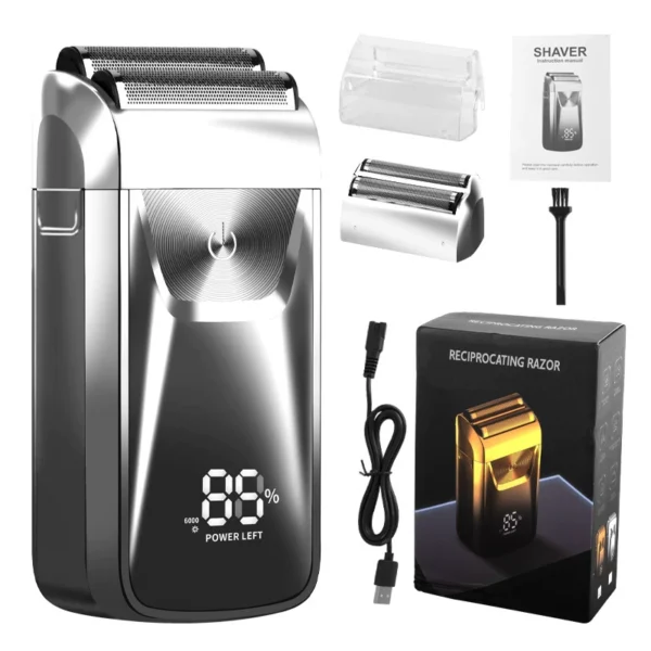 Rechargeable Reciprocating Electric Shaver, Wet & Dry Dual Use, Removable Washable Blade Head with LED Display