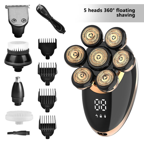 5-in-1 Waterproof Smart Men Electric Shaver, 7 Rotary Floating Heads Bald Head Razor, Multi-functional Grooming Kit