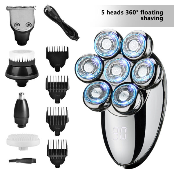 5-in-1 Waterproof Smart Men Electric Shaver, 7 Rotary Floating Heads Bald Head Razor, Multi-functional Grooming Kit