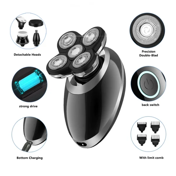 5-in-1 Waterproof Smart Men Electric Shaver, 7 Rotary Floating Heads Bald Head Razor, Multi-functional Grooming Kit